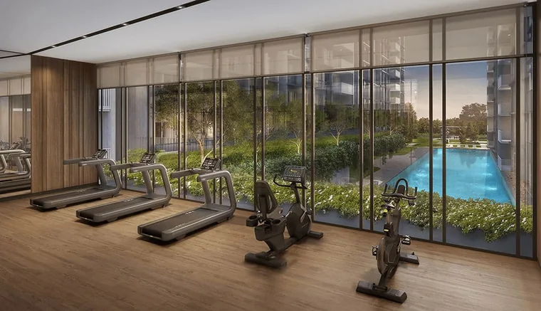 Artist’s impression, illustrative only: a residential gym beside a pool deck, not The River Opus